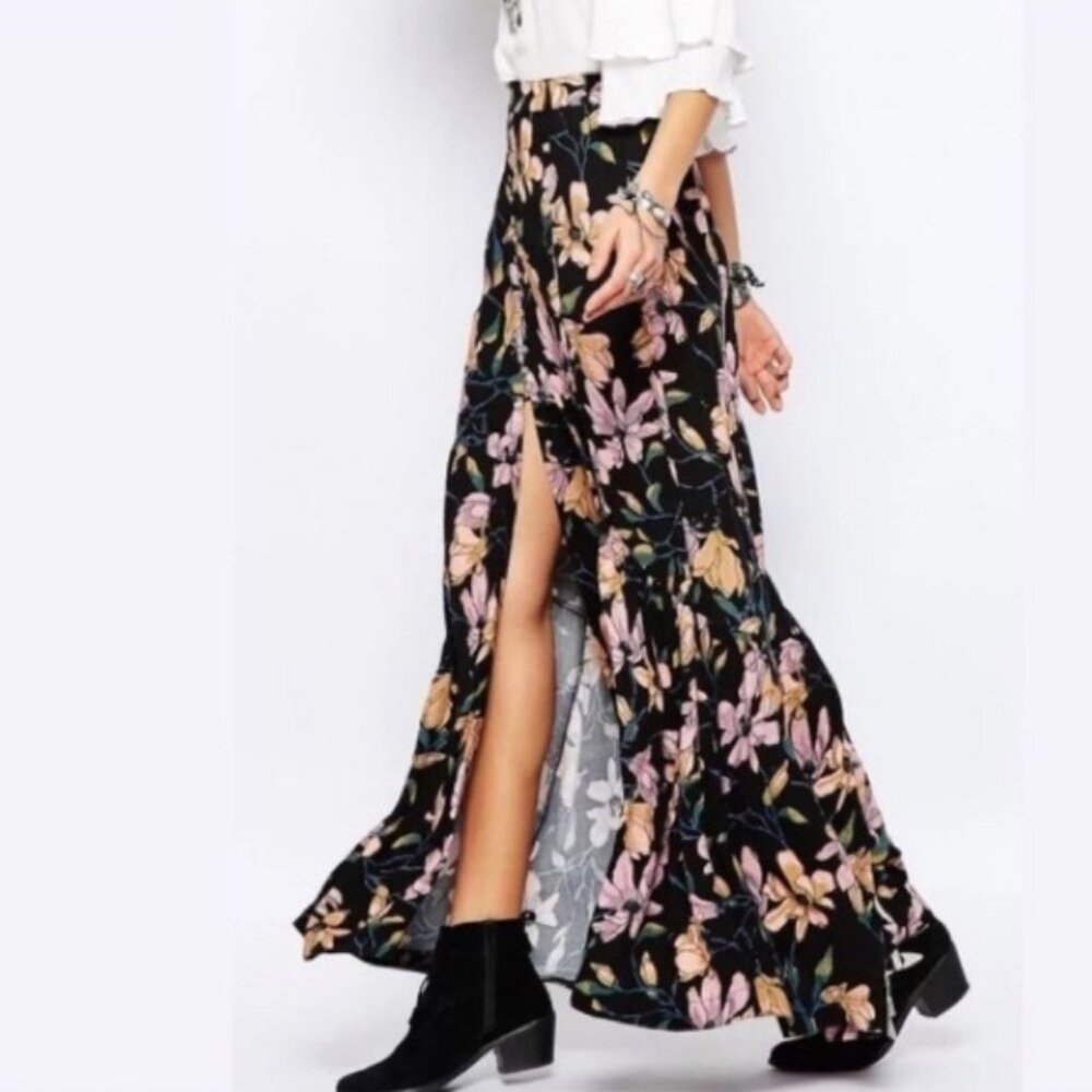 Free People Black Smooth Sailing Floral Maxi Skirt